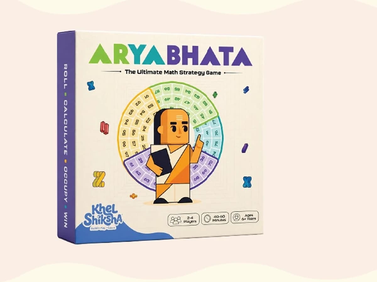 The Aryabhata retail box, white and purple, showing a circular number wheel with an illustrated figure of the mathematician at its centre