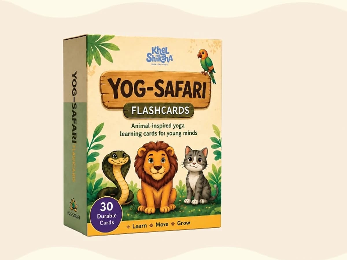 The Yog-Safari flashcards box, cream and olive, showing a lion, a cat and a snake, labelled as 30 animal-inspired yoga cards for young minds