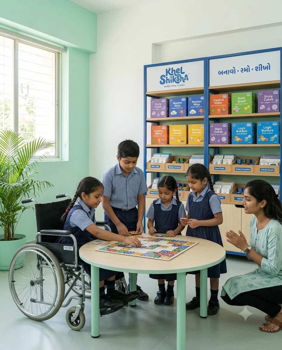 Five schoolchildren playing a board game around a low table in a bright activity room, one of them in a wheelchair taking her turn at the board, with a Khel Shiksha shelf unit of kits behind them.