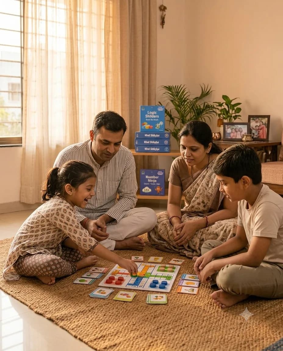A mother, father and two children sitting on a mat on the floor of their home, playing a Khel Shiksha board game together with cards and counters spread between them. No screens anywhere in the room.