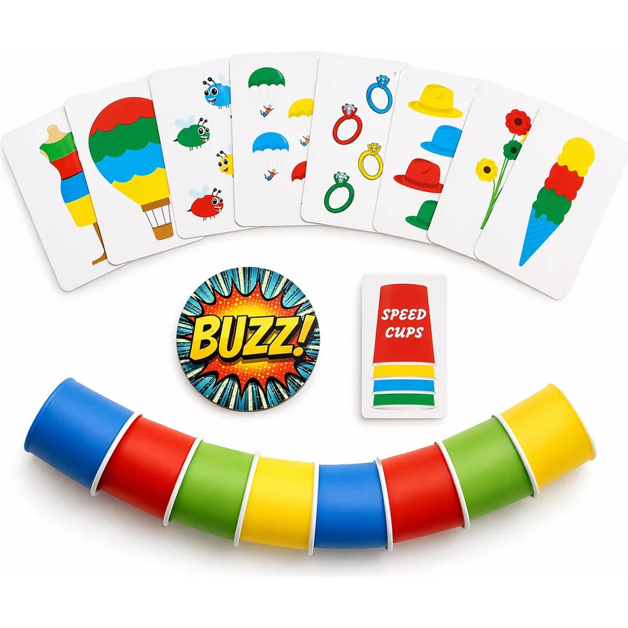 Nine coloured stacking cups in a row beside a buzzer and a fan of pattern cards