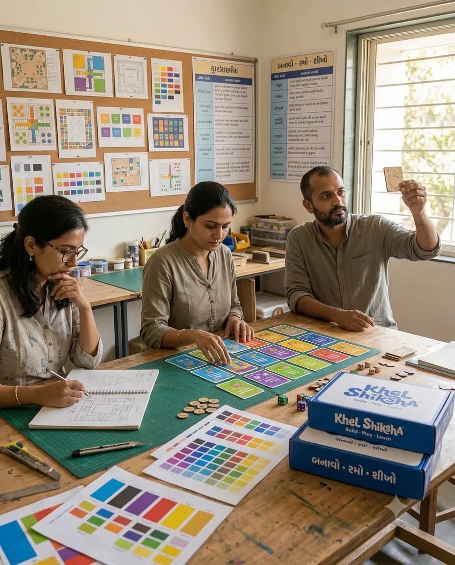 Three Khel Shiksha designers at a workbench developing a board game, with printed game cards laid out, colour proofs, wooden tokens and a finished kit box on the table.