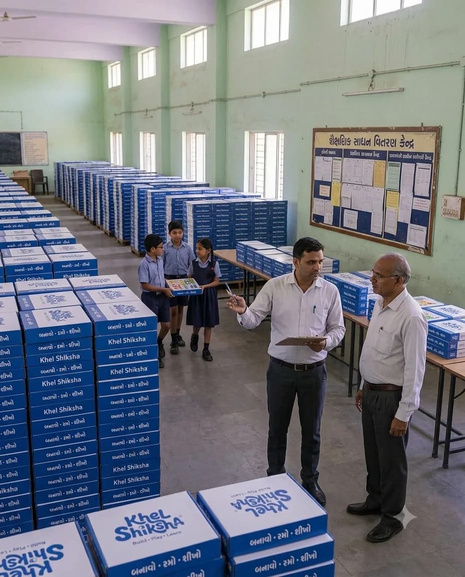 Hundreds of Khel Shiksha kit boxes stacked in columns across a school distribution hall, with an education officer holding a clipboard discussing the delivery with a headmaster.