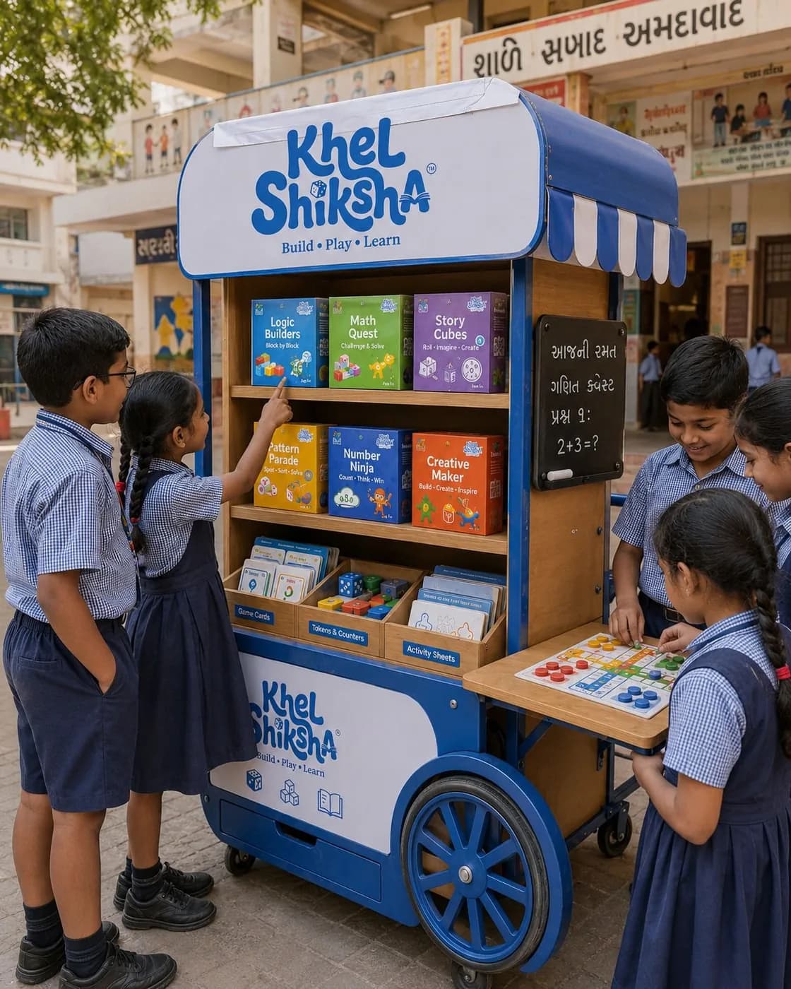 Schoolchildren in uniform gathered around a Khel Shiksha cart in a school courtyard, choosing learning kits from its shelves while two of them play a board game on the fold-out table.